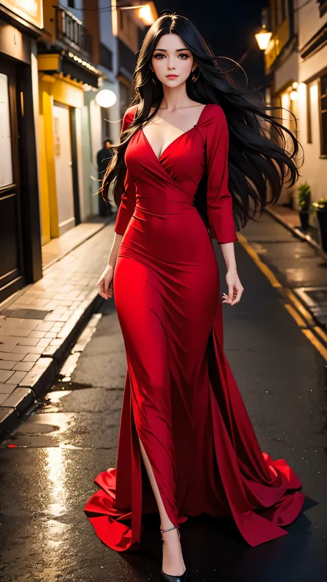 Beautiful black-haired girl with brown eyes and long hair wearing sexy red dress walking through the streets of Quito at night 