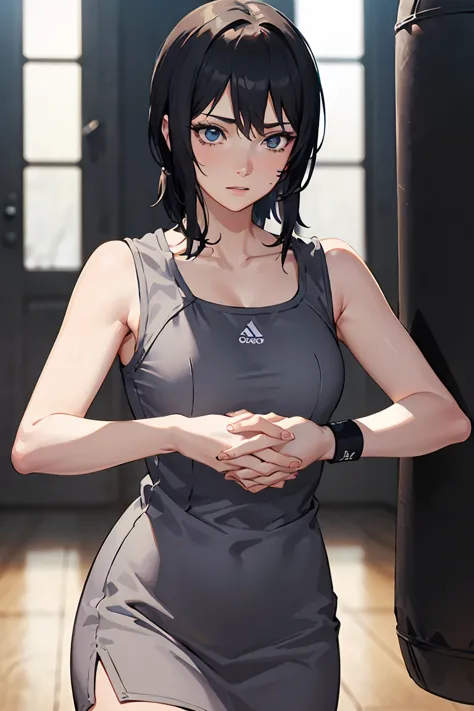 shizune, 
BREAK (bare_shoulders,collarbone,sleeveless,Grey_dress:1.2),
BREAK gym, wrist bands, punching bag, fists, looking at y...