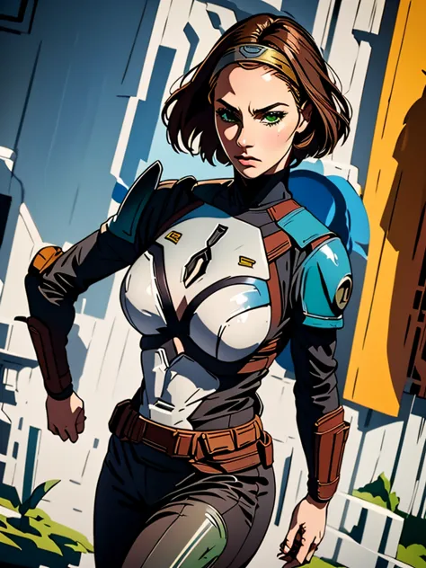 1girl, solo, large breasts, short brown hair, hairband, bokatan, green eyes, mandalorian armor, cowboy shot, serious face, looki...