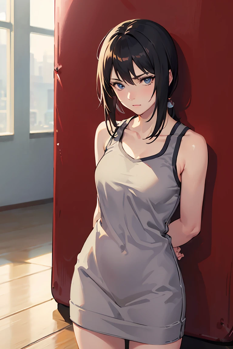 shizune, 
BREAK (bare_shoulders,collarbone,sleeveless,Grey_dress:1.2),
BREAK gym, wrist bands, punching bag, fists, looking at you, ((hands behind back:1.5)),
BREAK (masterpiece:1.2), best quality, high resolution, unity 8k wallpaper, (illustration:0.8), (beautiful detailed eyes:1.6), extremely detailed face, perfect lighting, extremely detailed CG, (perfect hands, perfect anatomy),