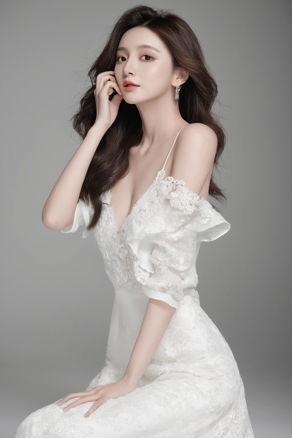 arafed woman in a white dress posing for a picture, a beautiful woman in white, dilraba dilmurat, in white clothes, sexy-s 100, full body xianxia, wearing white dress, sexy :8, solo photoshoot, wearing white camisole, wearing long gown, sexy gown, sexy pose, beautiful young korean woman