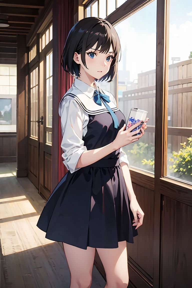 chica anime con vestido azul parada frente a una ventana, animación de kyoto todavía, female protagonist 👀 :8, kyoto animation clave visual, anime oficial todavía, anime de estudio oficial todavía, makoto shinka, también, visual anime de una mujer joven, matambién kitagawa fanart, anime visual de una linda chica, clave visual, Makoto Shinkai. renderizado digital, arte oficial