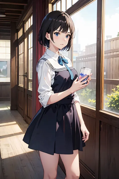 anime girl in blue dress standing in front of a window, kyoto animation still, female protagonist 👀 :8, kyoto animation key visu...