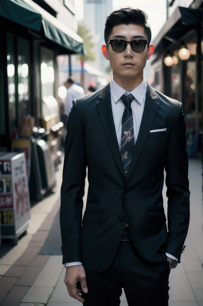 xh,necktie,formal,sunglasses,shirt,suit,multiple boys,pants,male focus,black necktie,jacket,blurry background,blurry,black pants,white shirt,hand in pocket,black jacket,black hair,belt,collared shirt,looking at viewer,realistic,short hair,standing,long sleeves,outdoors,closed mouth,open clothes,depth of field,cowboy shot,black suit,