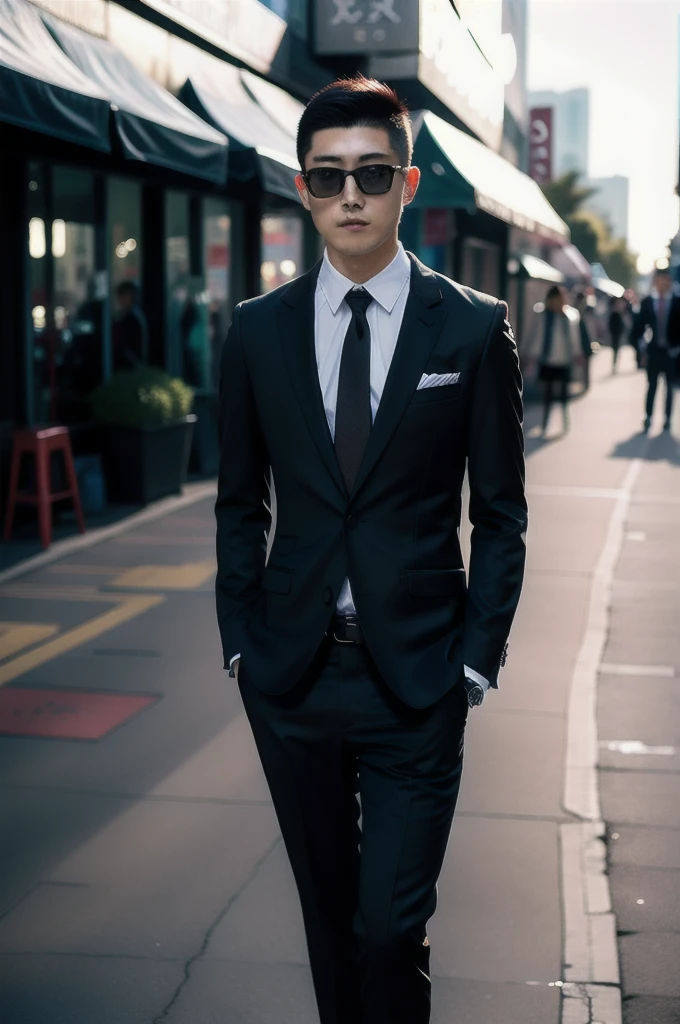 xh,necktie,formal,sunglasses,shirt,suit,multiple boys,pants,male focus,black necktie,jacket,blurry background,blurry,black pants,white shirt,hand in pocket,black jacket,black hair,belt,collared shirt,looking at viewer,realistic,short hair,standing,long sleeves,outdoors,closed mouth,open clothes,depth of field,cowboy shot,black suit,