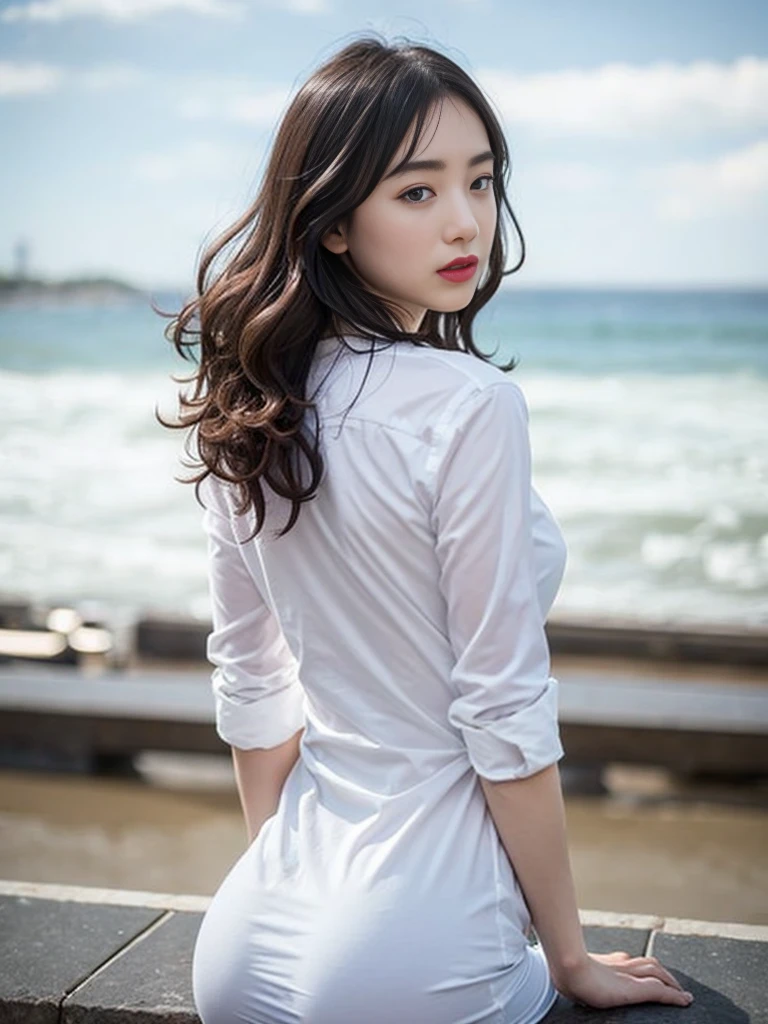 Gray background、pubic hair、Large Breasts、Thighs、Red lipstick、Curly Hair、Disheveled Hair、Cute woman、high school girl、White shirt、Navy blue mile、Open chest shirt、Watching from behind、Butt、One Woman、Gazing at the sea、