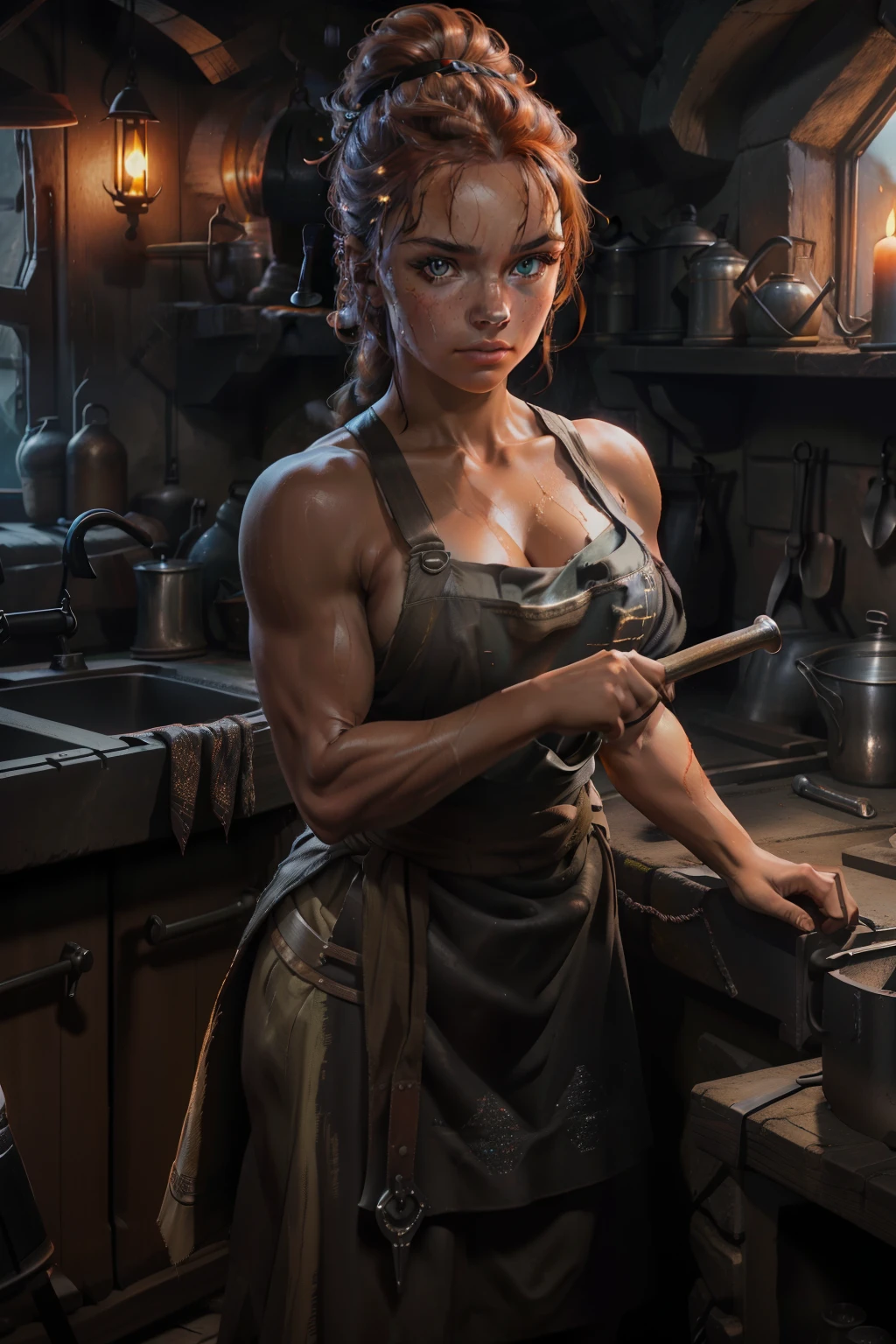 Medieval Female Blacksmith (solo:1.5), (title: "Iron Maiden"), set in a dimly lit forge, (best quality), ultra high res, ultra detailed, (photorealistic:1.4), hands covered in soot, hammer raised high, glowing embers reflecting off her steel-grey eyes, intricate patterned apron, long auburn hair tied back, strong jawline, robust physique, (detailed:1.2), sweat dripping down her forehead, focused intently on her work, muscles flexing with each strike, anvil and bellows in the background, (8k), HDR, crisp focus