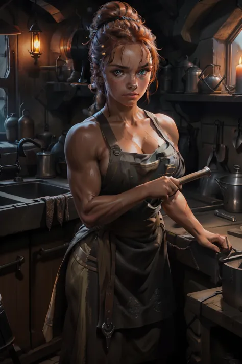Medieval Female Blacksmith (solo:1.5), (title: "Iron Maiden"), set in a dimly lit forge, (best quality), ultra high res, ultra d...