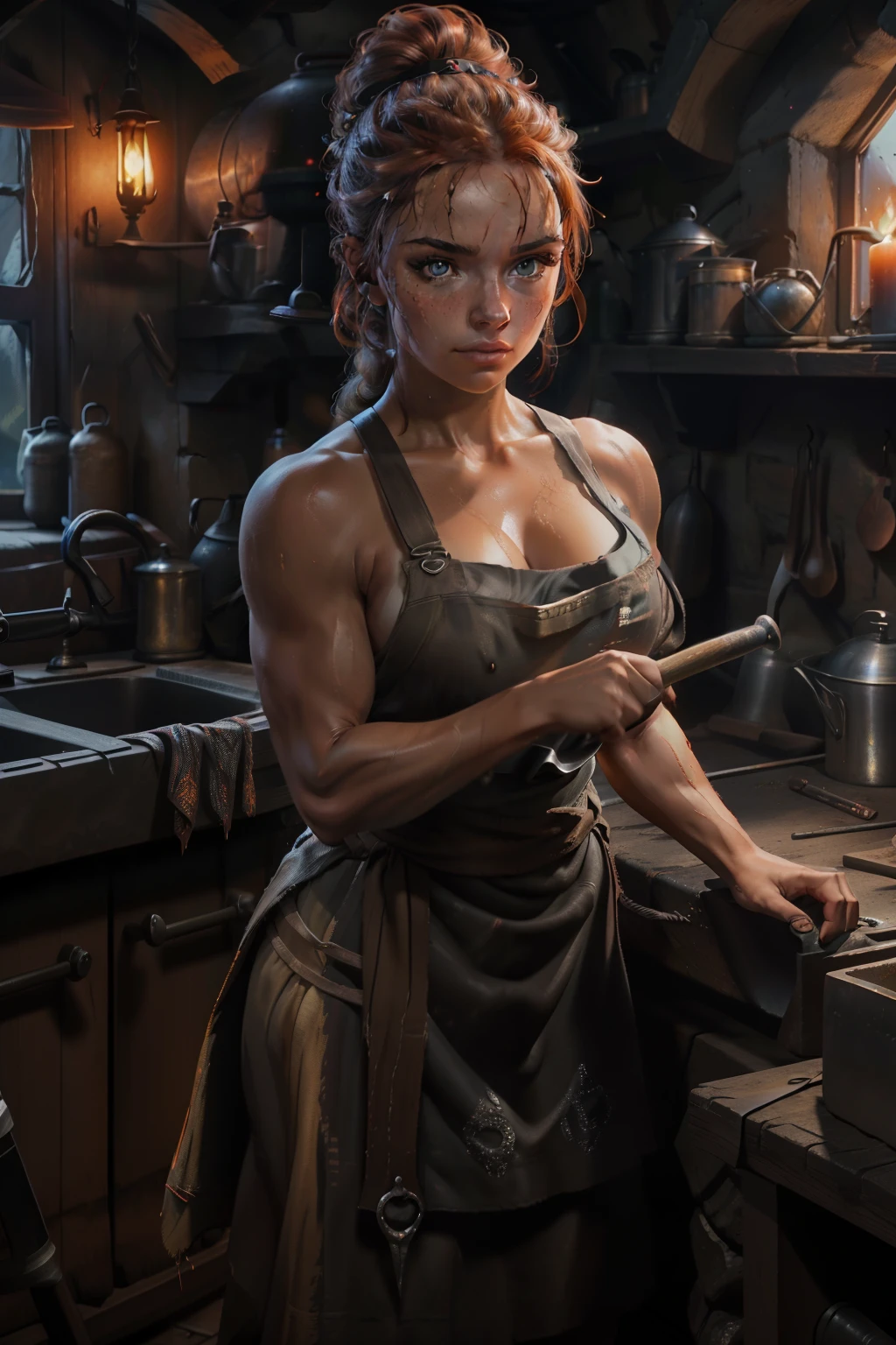 Medieval Female Blacksmith (solo:1.5), (title: "Iron Maiden"), set in a dimly lit forge, (best quality), ultra high res, ultra detailed, (photorealistic:1.4), hands covered in soot, hammer raised high, glowing embers reflecting off her steel-grey eyes, intricate patterned apron, long auburn hair tied back, strong jawline, robust physique, (detailed:1.2), sweat dripping down her forehead, focused intently on her work, muscles flexing with each strike, anvil and bellows in the background, (8k), HDR, crisp focus