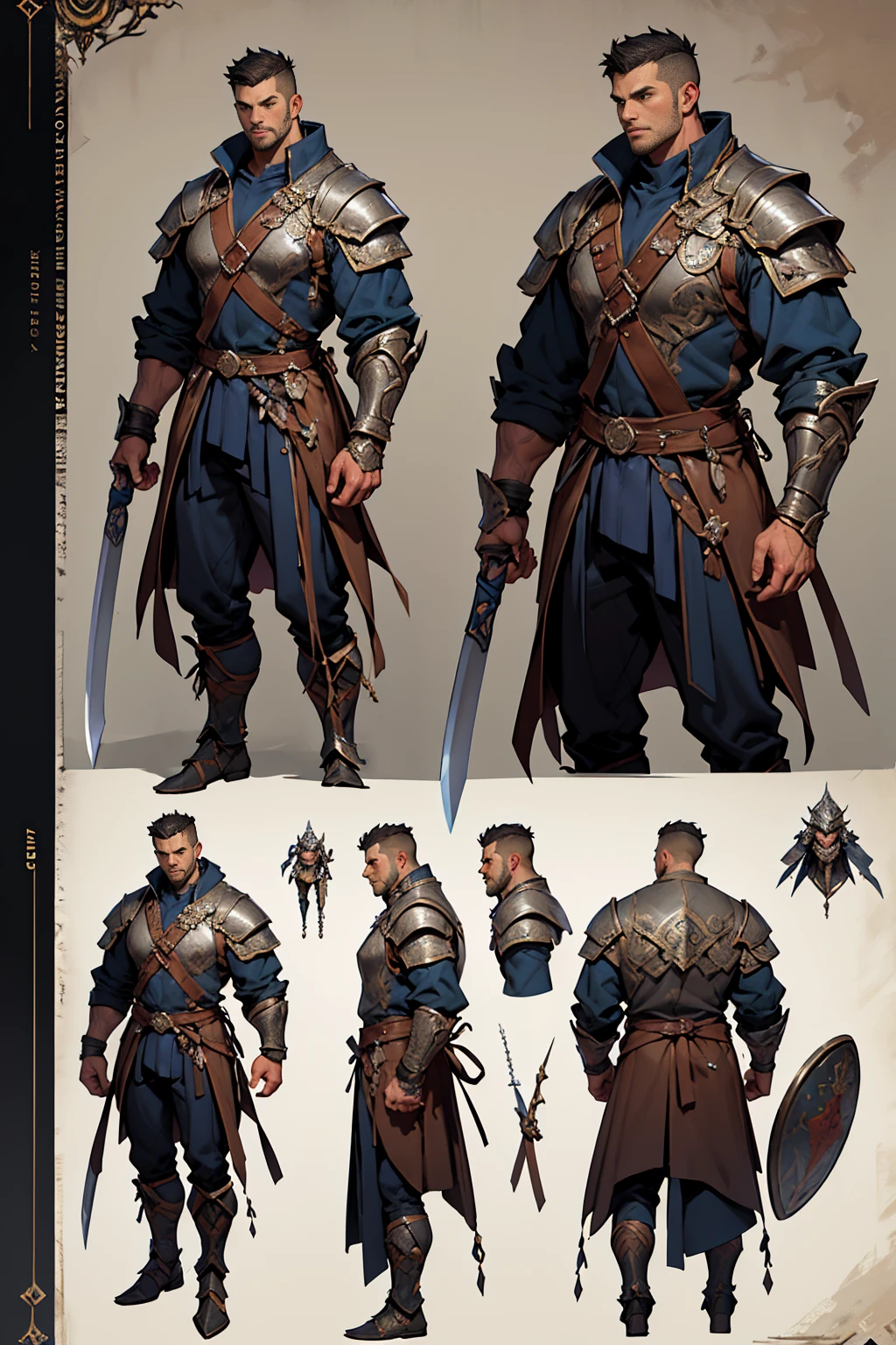 a close up of a man with a sword and shield, concept art by senior character artist, Artstation, fantasy art, highly detailed character design, male warrior, male character design, detailed full body concept art, warrior character design, human male character art, artstation mans aesthetic, as seen on artstation, detailed character design, concept art of a warrior