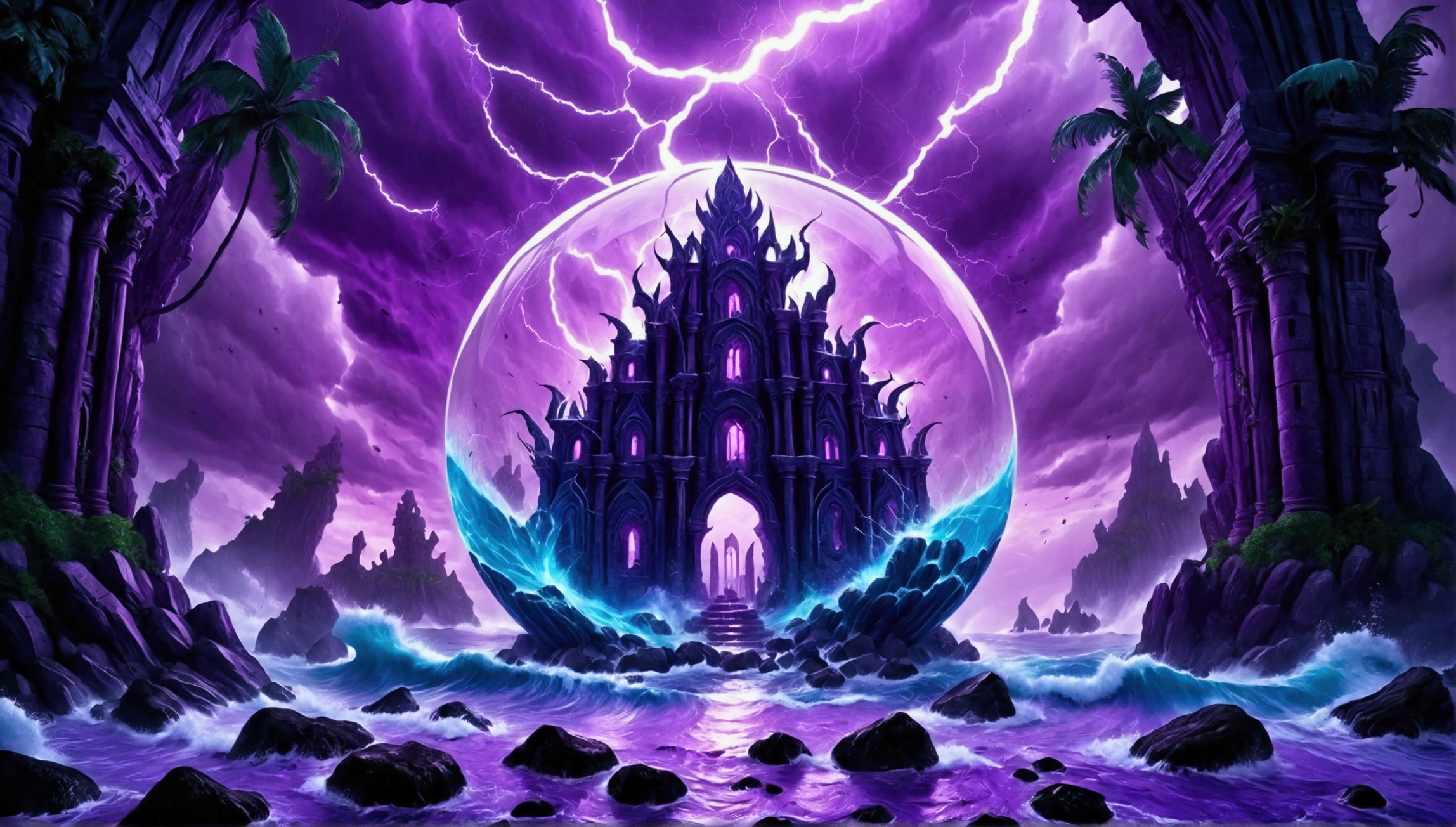 (Side view close-up of big magic orb in gentle braced hand), (((within the orb is a (mysterious eerie citadel with intricate architecture:1.2) on rocks of tropical island))), crushing waves, purple-blue thunderstorm, masterpiece in maximum 16K resolution, best quality, ultra detailed, aesthetics, absurdes.
