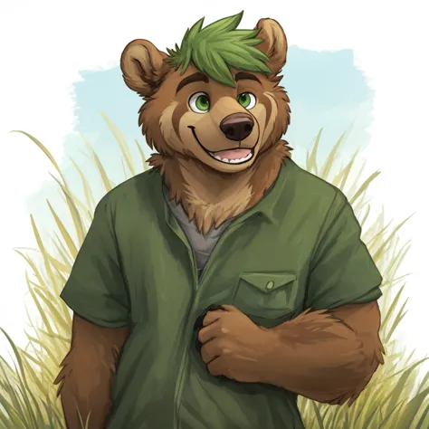 a huge, caramel brown colored fur anthropomorphic grizzly bear, he has green eyes, he has green hair, he's happy with his mouth ...