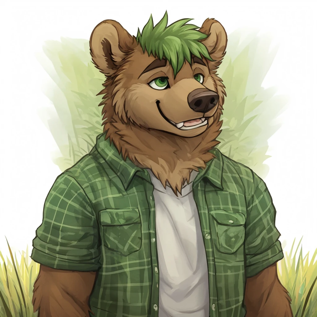 A huge, caramel brown colored fur anthropomorphic grizzly bear, he has green eyes, he has green hair, he's happy with his mouth closed, closed smile, dressed with a casual clothes, standing in a grassy field, high quality furry art.