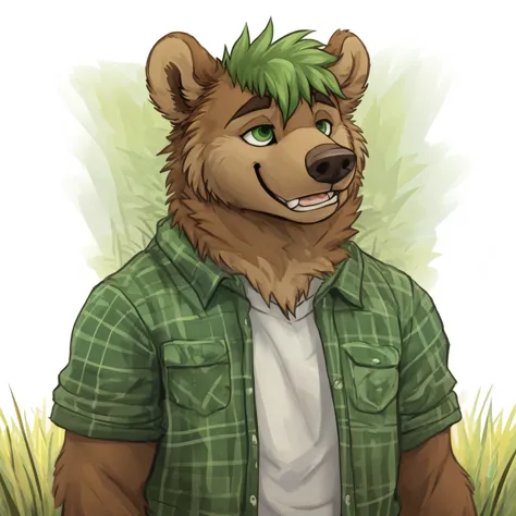 a huge, caramel brown colored fur anthropomorphic grizzly bear, he has green eyes, he has green hair, he's happy with his mouth ...