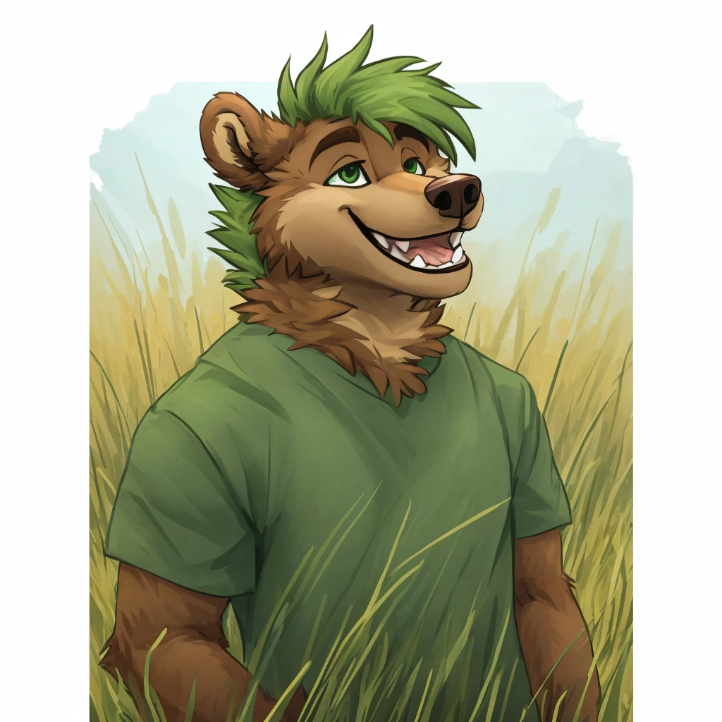 A huge, caramel brown colored fur anthropomorphic grizzly bear, he has green eyes, he has green hair, he's happy with his mouth closed, closed smile, dressed with a casual clothes, standing in a grassy field, high quality furry art.