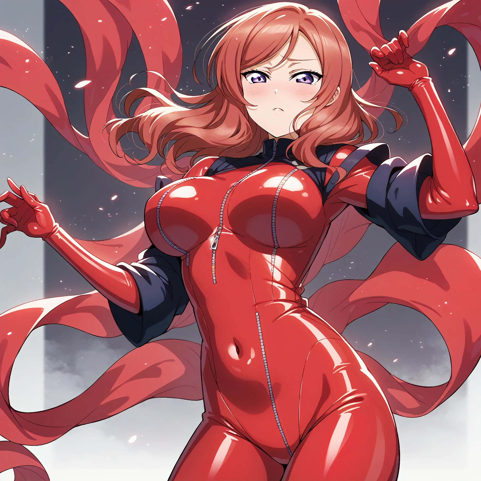 masterpiece, best quality,8k wallpaper, nishikino maki,red latex bodysuit, blushing ,big breasts , purple eyes 