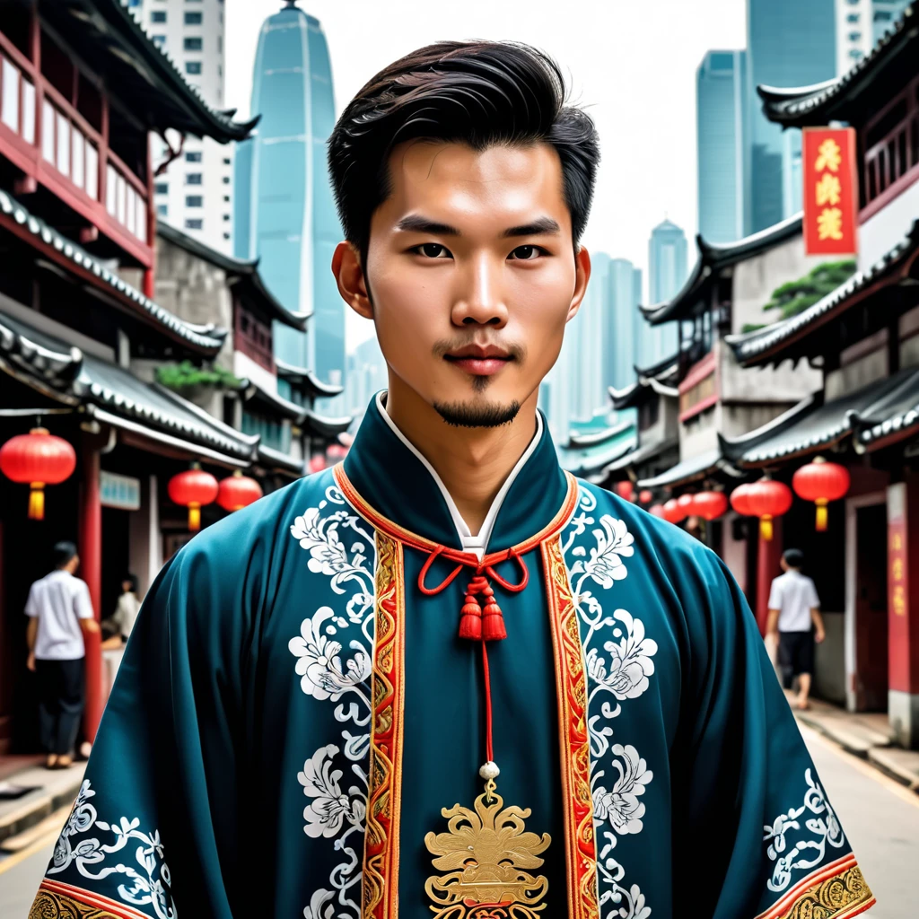 man in hong kong folk outfit, vector graphics, strong contours
