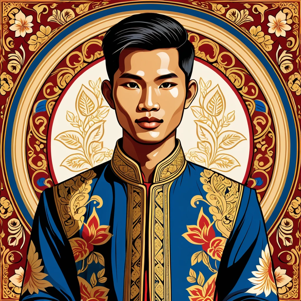 man in laos folk outfit, vector graphics, strong contours
