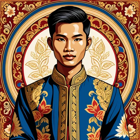 man in laos folk outfit, vector graphics, strong contours