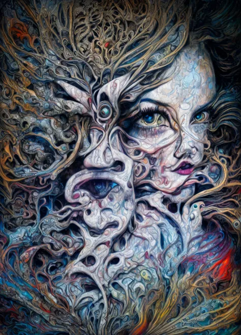 abstract surrealistic portrait, style, detailed face, symbolic geometric ornamental patterns, vibrant colors, dramatic lighting,...