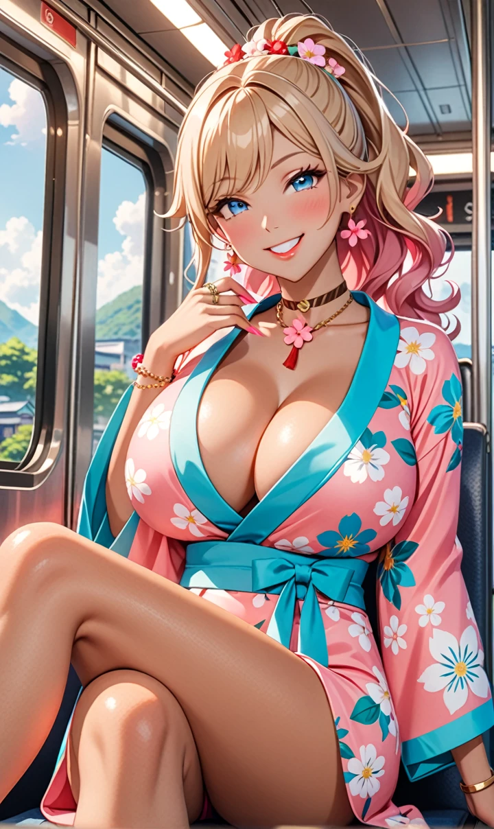 ultra-detailed, ((one girl)),  (tan skin:1.4), in pastel colors gyaru, (heavy makeup), (professional lighting) hyper detailed, absurdres, 8k, Beautiful Face, (Laugh shyly), ((teasing smile:1.6)), ((happy smile:1.5)),  ((Wink:1.6)), (Laugh with your mouth wide open),((Tilt your face:1.6)), View your viewers, ((Bright red cheeks:1.6)),Glossy shocking pink lips, ((huge breasts:1.6)),  ((undressing)), noon, summer, on the train, Anime style background)),masterpiece, Highest quality, (Brighten your face), so beautiful,Latest, Complex details, ((fluorescent pink long nail:1.2)), (ring),((bracelet)), ((Floral choker)),AI-generated, Complex,High resolution, Highest quality, super high quality,3D Images、3D Images,One person, Blonde long hair ,(High Ponytail), (wavy hair:1.4), Anime woman posing for a photo, ((Fine grain、blue eyes、glowing eyes:1.3)), (Squint your eyes:1.1),a hyperRealistic , hyperRealistic , Realistic,Long blonde anime woman, Smooth anime CG art, A girl in a gorgeous pastel-colored kimono, ((Pastel-colored furisode)),(Pink large floral pattern),  (sideboob), Long flower hair ornament,Big earrings, Mature Body, tall,Narrow waist, portrait, from below,  (Sit in your seat), (Crossing your legs:1.2), 