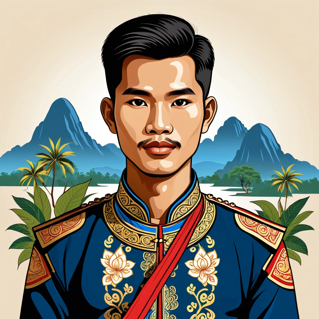 man in laos folk outfit, vector graphics, strong contours
