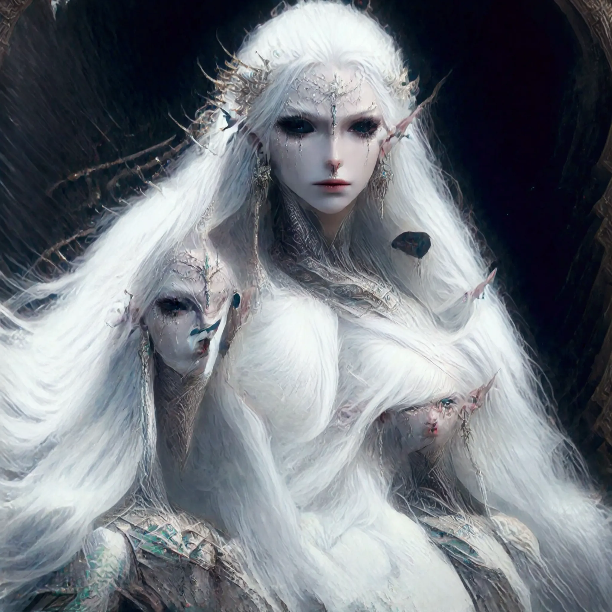 a close up of a woman in a white costume with long white hair, detailed white long hair, white armor, alluring elf princess knig...