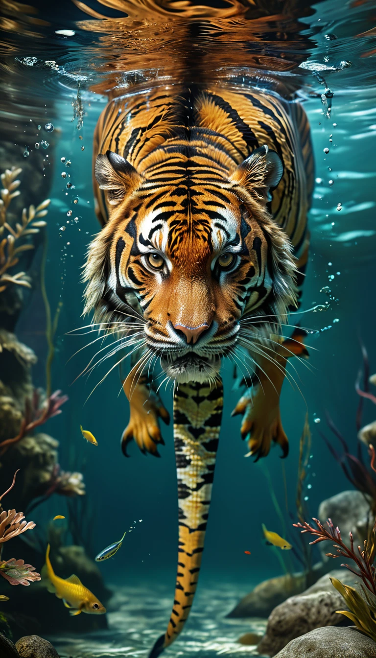 Da ist ein Lebewesen im Wasser，Tigerkopf，Fischkörper，Schlangenschwanz(beste Qualität，4K，8k，Hohes Level，Meisterwerk：1.2），Extrem detailliert，（Lebensecht，Foto Real，Foto Real：1.37），Sehr detaillierte Tiere，Komplexe Muster，realistische Beleuchtung，Fantasiewesen