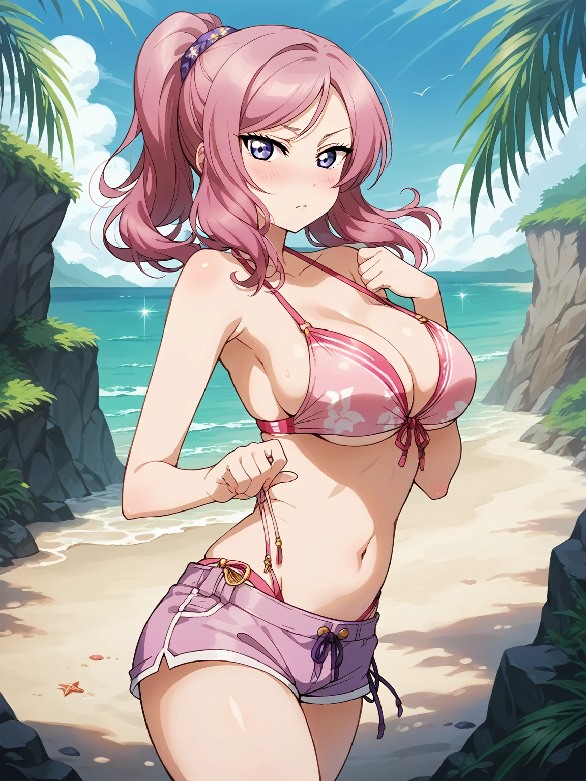 obra maestra, mejor calidad,fondo de pantalla 8k, maki nishikino,top de bikini rosa, mini pantalones cortos morados, rubor ,pechos grandes , ojos morados , de pie, playa 