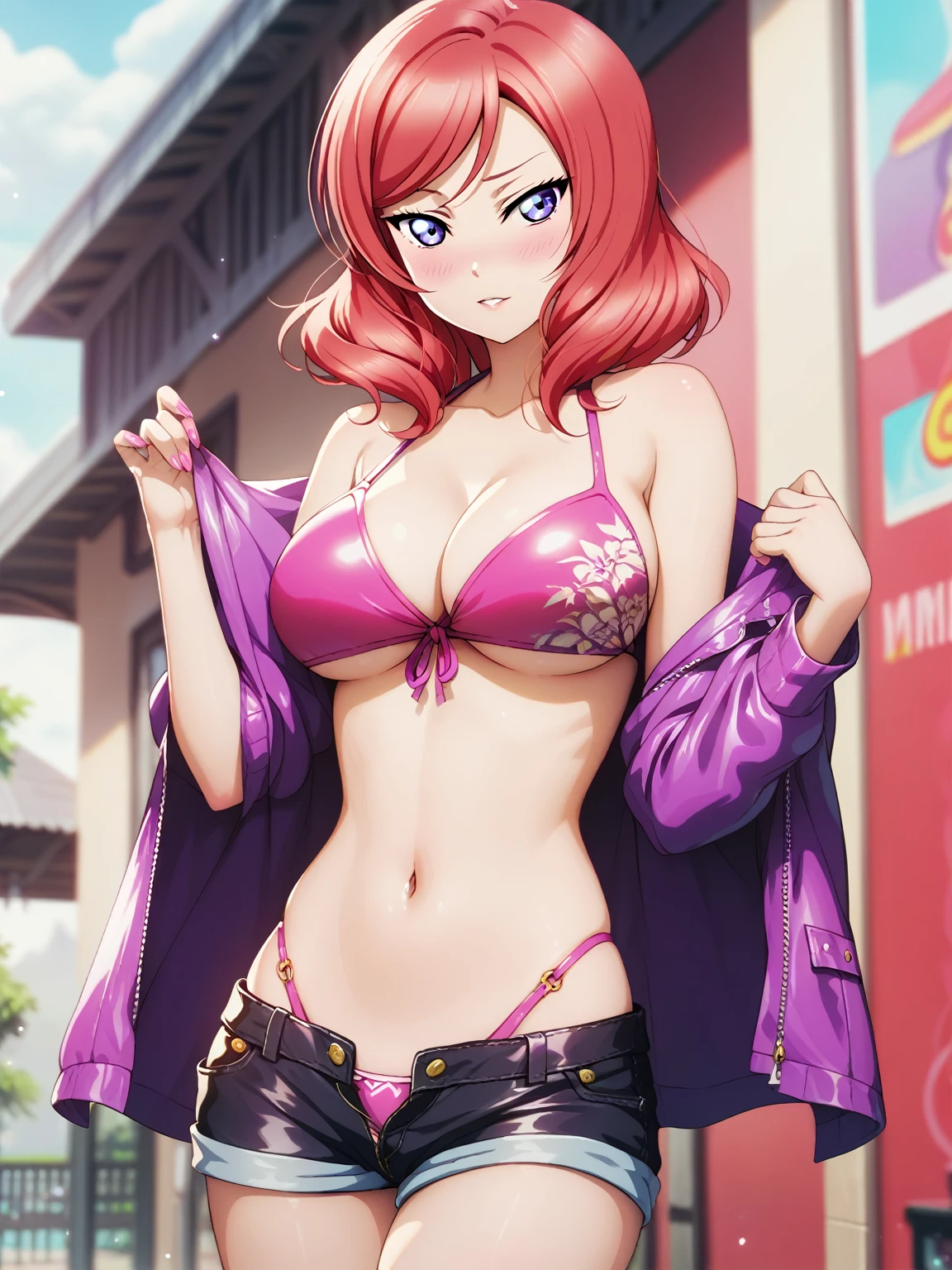 obra maestra, mejor calidad,fondo de pantalla 8k, maki nishikino,cabello rojo, ojos morados,top de bikini rosa, mini pantalones cortos morados, rubor ,pechos grandes , de pie 