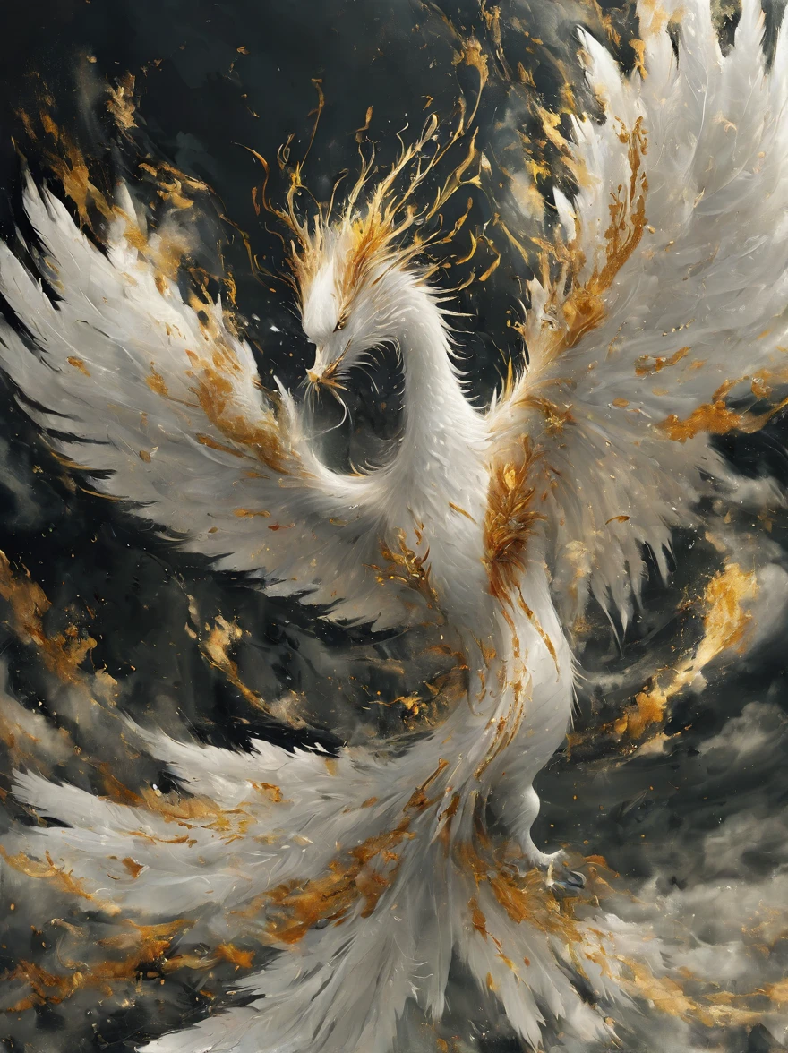 Nine-tailed white phoenix with golden mouth and golden claws soaring into the sky, huge and detailed, high quality