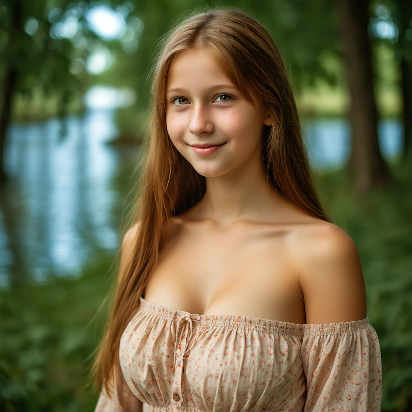 a 14 yo big breasts estonian woman tenderly smiling to the camera, delicate brown eyes, porcelain soft skin, sweet and harmonious, sublime, 