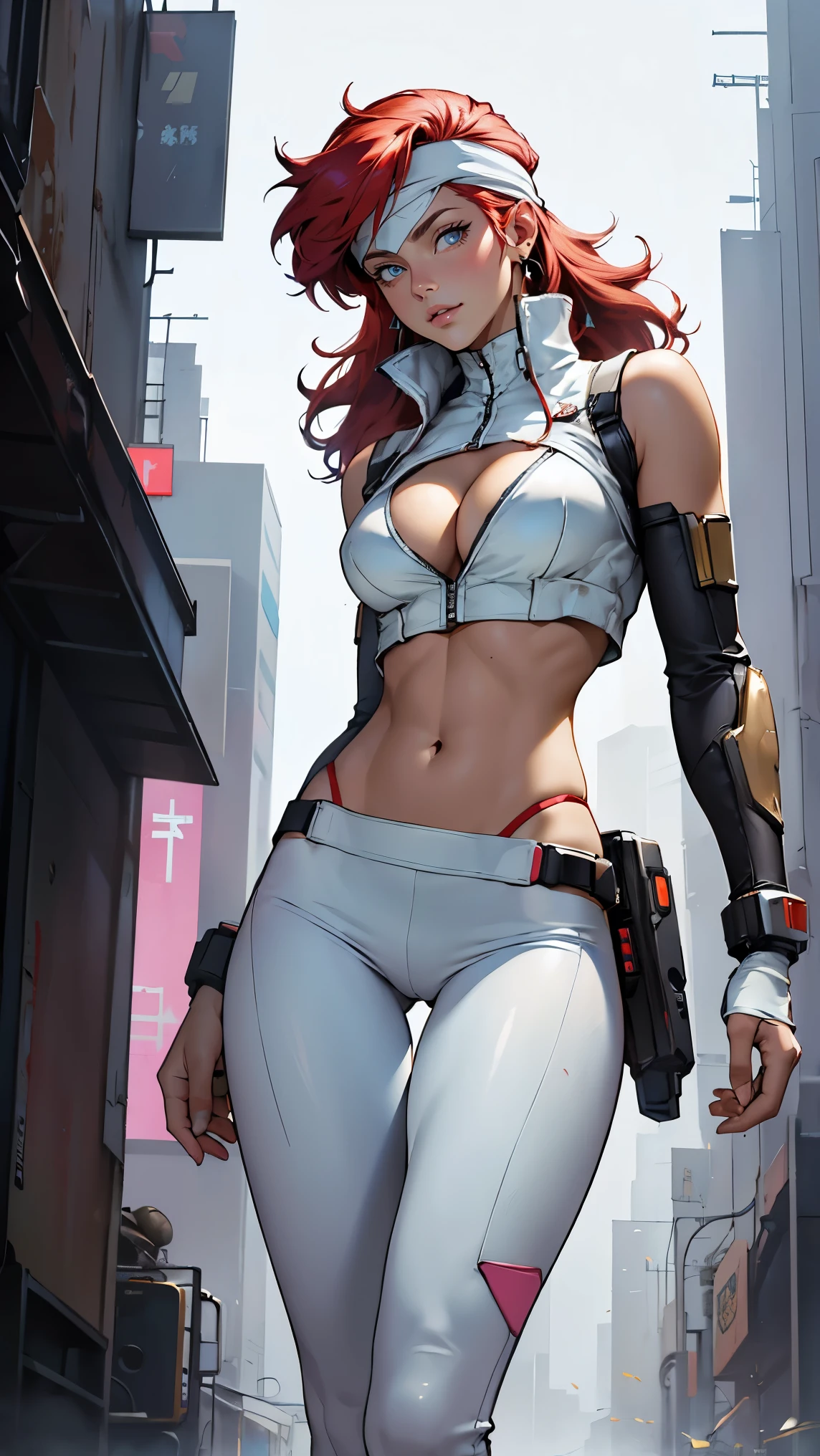 ((Masterpiece, highest quality; 1.3)), super quality, beautiful detail, super detailed, extra fine, 16K, exquisite, absurd, high resolution, beautiful background, detailed background, beautiful eyes, beautiful skin, anime style, Kay from Dirty Pair in a white outfit, tight outfit, cleavage, bushy redhead beauty, very light blue uniform, wearing tight clothes, skimpy, (mid chest: 1.2), cleavage, cleavage, slim waist , thin waist, slim thighs, thin legs, slim legs. thigh gap, showing stomach, skinny, thin hips, cyberpunk city background, holding retro space gun , headband, 