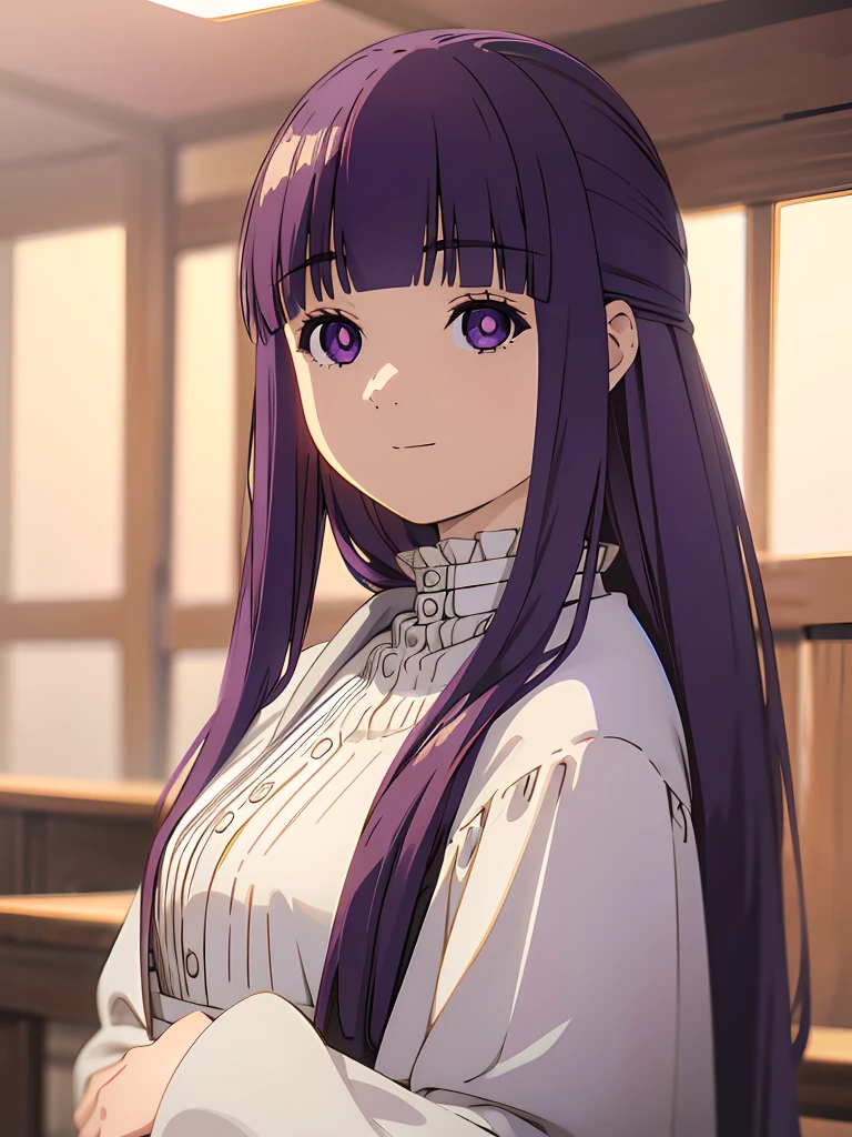 è²ä¼¦,1girl,solo,purple hair,long hair,purple eyes,blunt bangs,sidelocks,half updo,bright pupils, hair ornament,frilled collar,black robe,white dress,center frills,buttons,wide sleeves,long sleeves,curvy,cowboy shot,brown coat,from side,smile,, Exquisite visuals, high-definition,masterpiece,best quality,, 20yo,Young female,Beautiful Finger,Beautiful long legs,Beautiful body,Beautiful Nose,Beautiful character design, perfect eyes, perfect face,expressive eyes, looking at viewer, official art,extremely detailed CG unity 8k wallpaper, perfect lighting,Colorful, Bright_Front_face_Lighting,shiny skin, (masterpiece:1.0),(best_quality:1.0), ultra high res,4K,ultra-detailed, photography, 8K, HDR, highres, absurdres:1.2, Kodak portra 400, film grain, blurry background, bokeh:1.2, lens flare, (vibrant_color:1.2), (beautiful_face:1.5),(narrow_waist), 