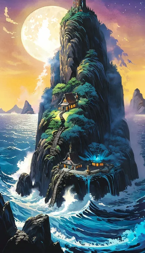 a huge cliff in the middle of the sea(there are rough waves and spray under the cliff)，a mysterious island with a waterfall in t...