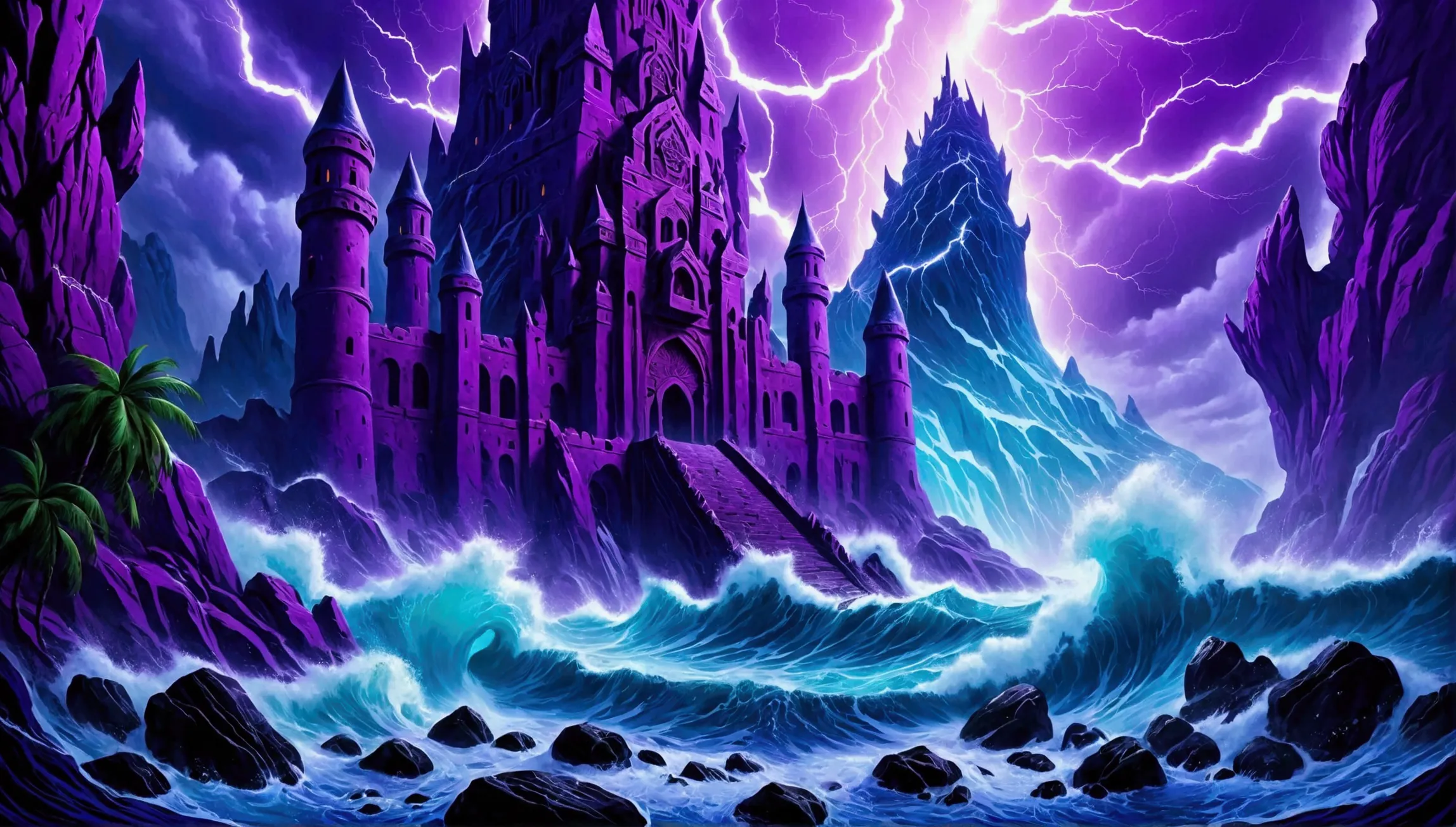 (Mysterious eerie citadel with intricate architecture:1.2) on rocks of tropical island))), crushing waves, purple-blue thunderst...