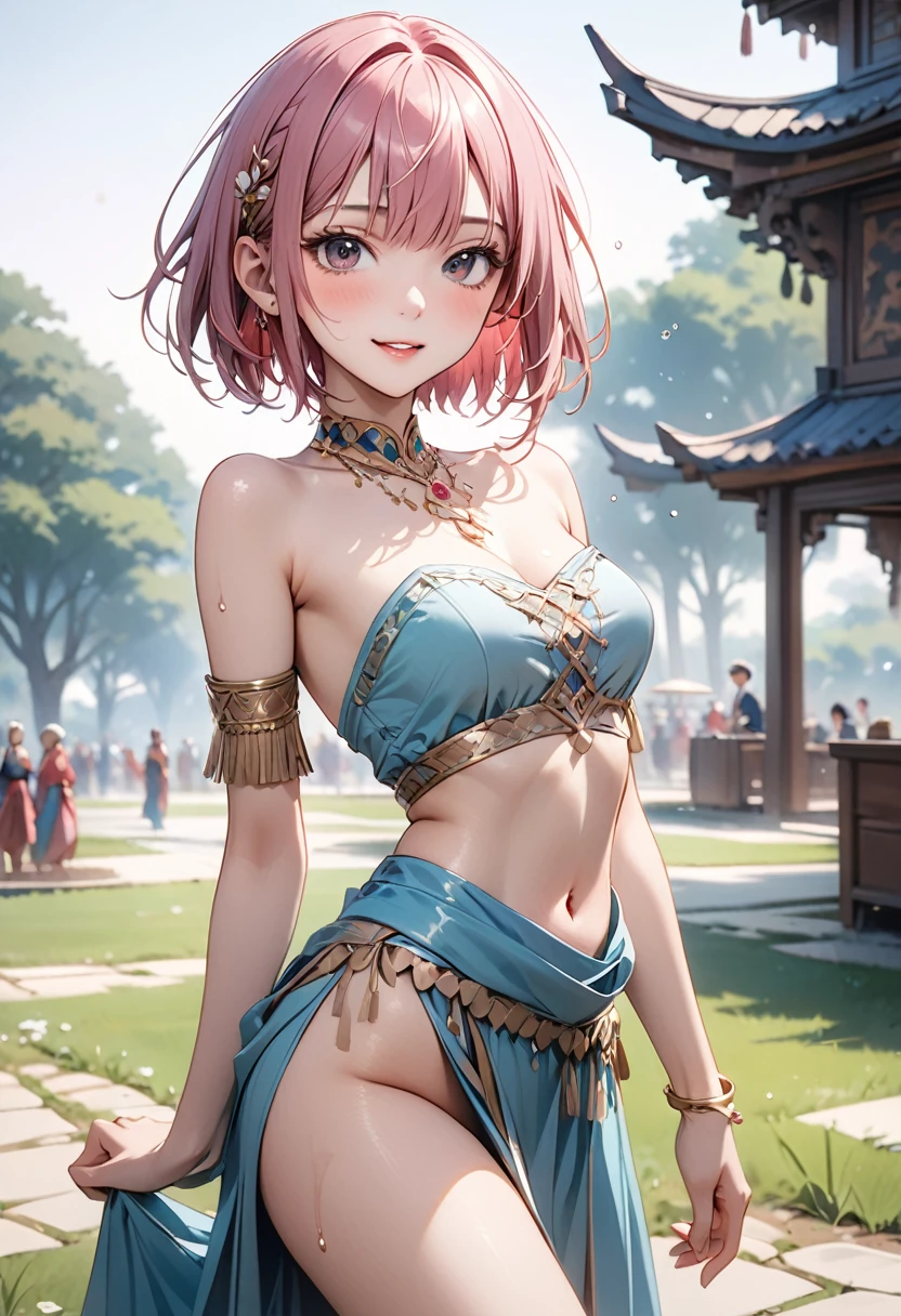 xiyv, ((harem dancer outfit)), ((Gloss Outfit)), skinny, solo, 1 woman, Masterpiece, highest quality, highest quality, 16K, incredibly absurd, highly detailed, 2.5D, ai-generated, delicate and dynamic, very delicate facial expressions, delicate eye depiction, erotic, only sexy woman, ((A cute and kind face)), healthy figure, ((25-year-old woman)), 160cm tall, medium firm swaying bust, (short hair), (pink hair:1.5), bob cut, black eye, blush, Sweat,Embarrassed,sexy, ((thin thighs)), ((shiny and lustrous)), facing straight at viewer, smile, (standing), cowboy shot, ((arm at side)), Large park, daytime, bright, on the grass, ((Pop colour outfit)),