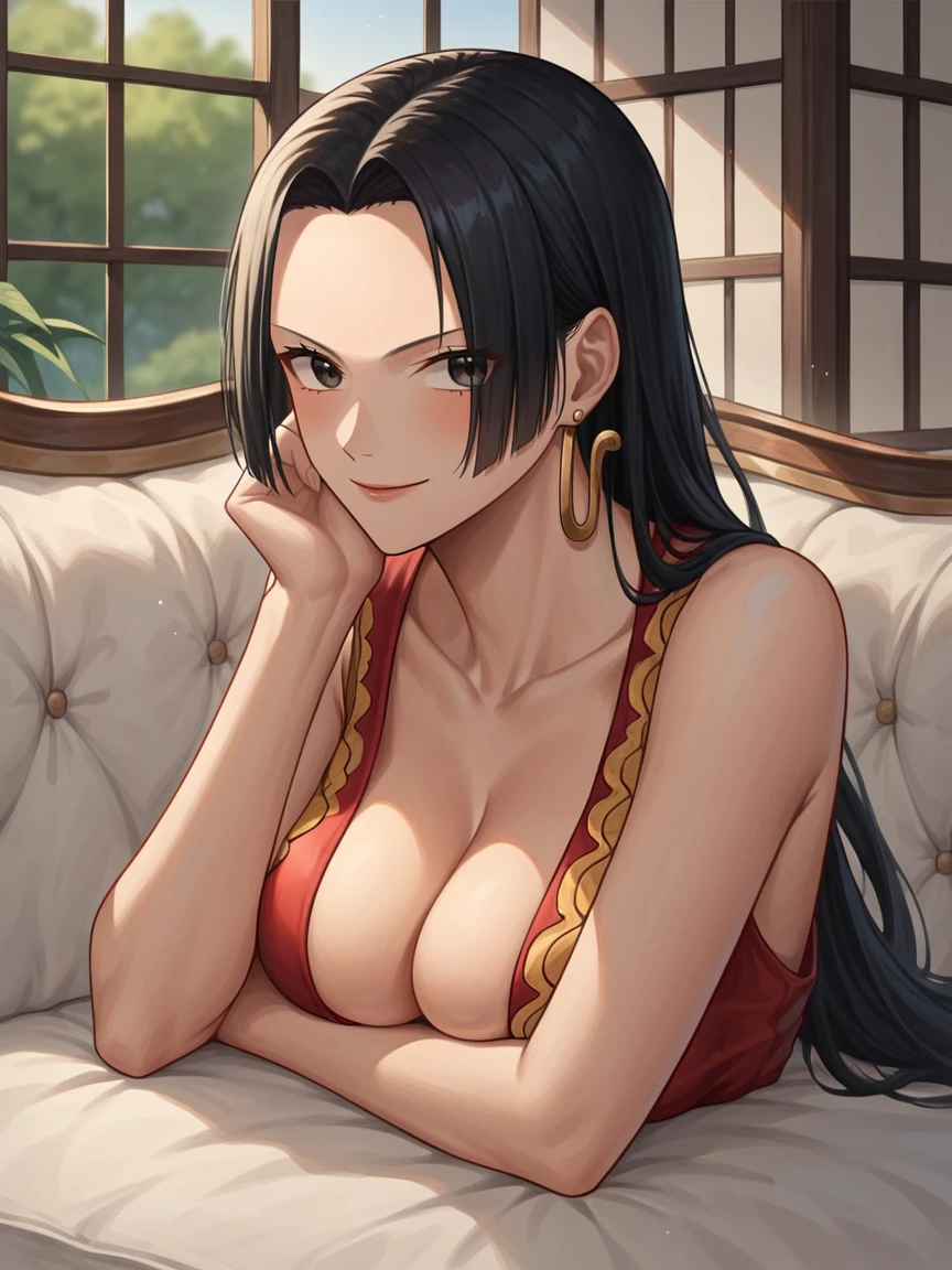 source_anime,score_9,score_8_up, score_7_up, 1girl,solo,outdoors,one piece, boa hancock, couch, indoors, seductive,, face closeup, ((closed mouth)), smirk