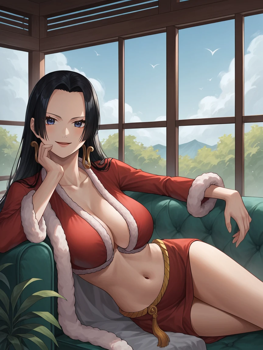 source_anime,score_9,score_8_up, score_7_up, 1girl,solo,outdoors,one piece, boa hancock, couch, indoors, seductive,, face closeup, ((closed mouth)), smirk