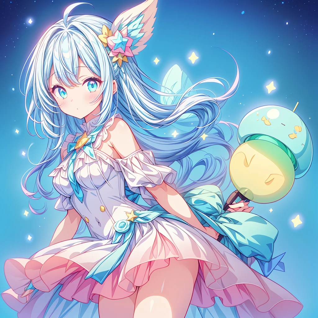 1girl、Star Fairy、Star incarnation、Character design front view、A picture facing the viewer、(((Super detailed、Highest quality、Masterpiece)))、Original cute hairstyle、Milky white and blue hair color、Simple Green Background、vtuber-fullbody,Original cute clothes in jet black and hot pink、