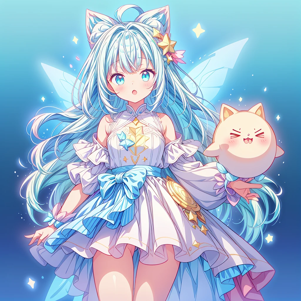 1girl、Star Fairy、Star incarnation、Character design front view、A picture facing the viewer、(((Super detailed、Highest quality、Masterpiece)))、Original cute hairstyle、Milky white and blue hair color、Simple Green Background、vtuber-fullbody,Original cute clothes in jet black and hot pink、