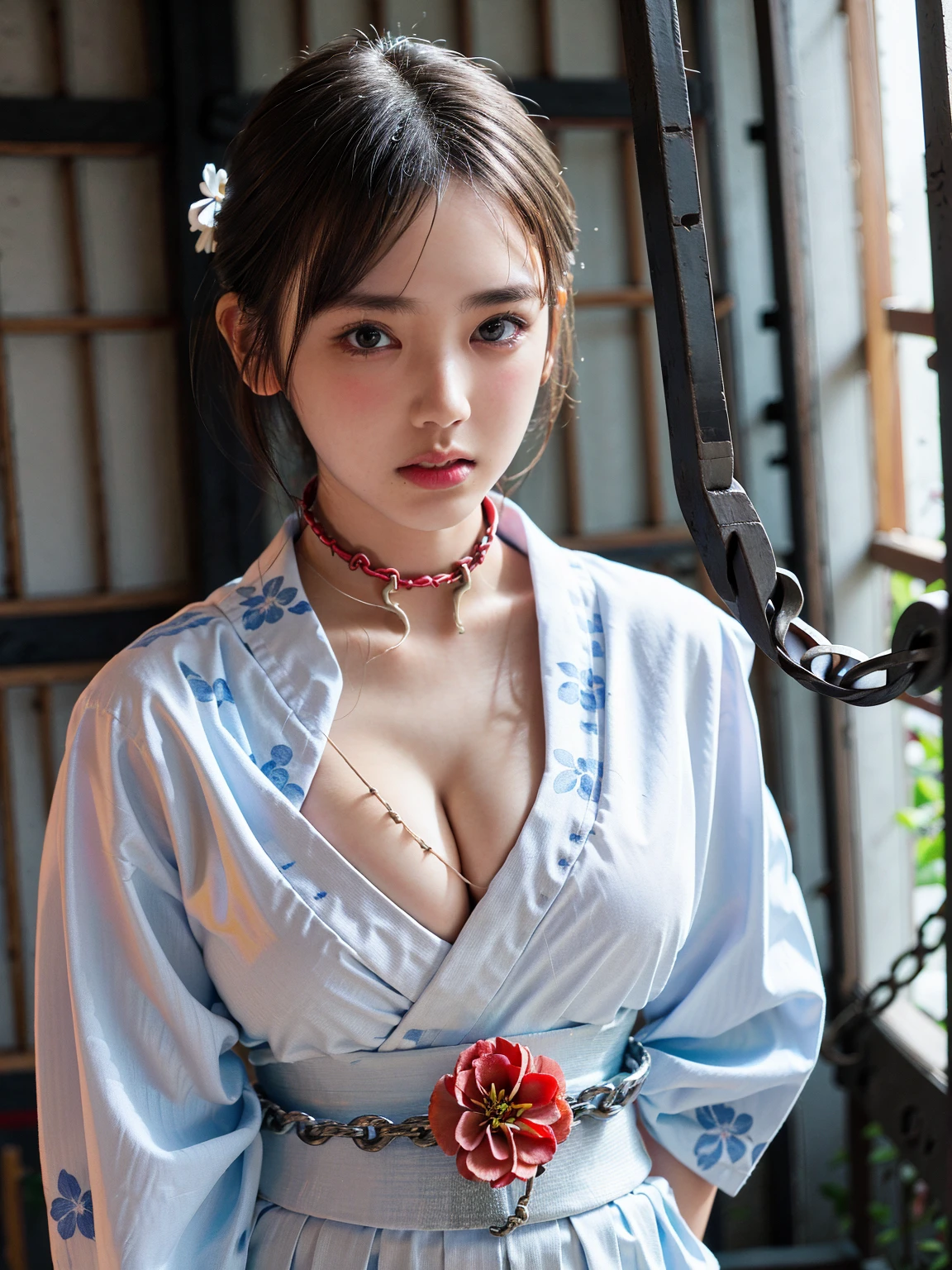 (41k4:0.72), (aika-sawaguchi:0.6), masterpiece, Best Quality, 8K, Raw photo, top-notch quality, masterpiece, (wearing white yukata with a red flower pattern:1.7), (exceptionally detailed RAW color photo, professional-grade photograph), (facing viewer:1.5), (bondage:1.7), (shackled:2.2), (chained:1.9), (slave:1.7), (wearing slave collar:1.7), (looking at viewer:1.4), (Realistic, Photorealistic:1.37), (highly detailed skin:1.2), Ultra-high resolution, (lens 50mm), (masterpiece, top-quality:1.3), (hyper realistic:1.35), (Photorealistic:1.45), (Realistic:1.4), ((solo)), (1 pretty Japanese girl), 21 years old, Japanese idol, supermodel, pale skin, (slim:1.3), (slim body:1.25), (slender body:1.25), (narrow waist:1.35), pretty face, (large breasts:1.15), (deep cleavage:1.4)