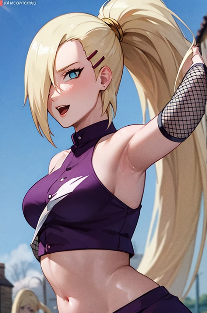 (Purple clothes), Ino yamanaka, ultra details, ultra detailed hair, looking at the viewer, gorgeous, attractive, groin, cowboy shot, ultra detailed face, (ultra detailed body:1.0), sunny day, day time, shiny skin, upper body view, anime style, solo, detailed flower field, blonde, (focus on face), ((one eye covered with hair, hair over eye, ponytail)), (medium breasts), belly button, looking at the viewer, thick arms, (off-shoulders, wide shoulders, curving body), hidden eye, smile, open mouth, very happy, tall, hair clip, sharp look, sharp face, sharp eye, cold colors,
