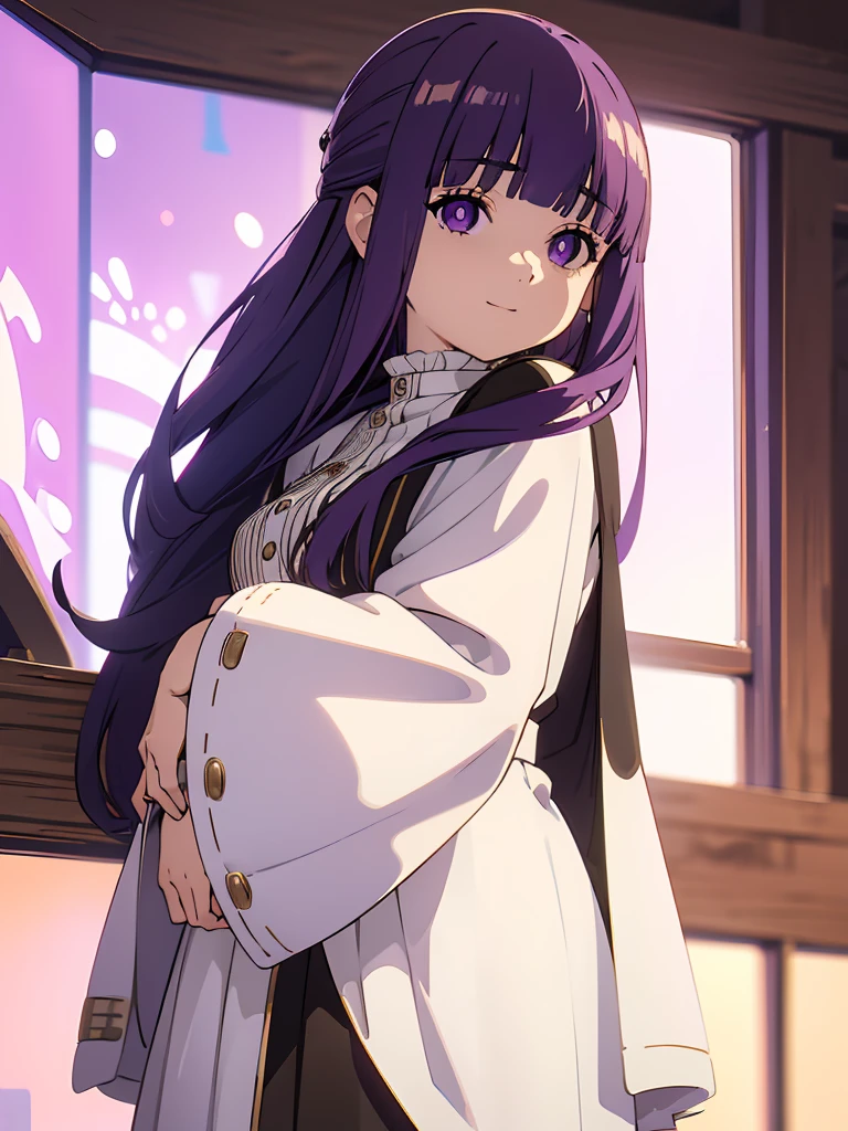 è²ä¼¦,1girl,solo,purple hair,long hair,purple eyes,blunt bangs,sidelocks,half updo,bright pupils, hair ornament,frilled collar,black robe,white dress,center frills,buttons,wide sleeves,long sleeves,curvy,cowboy shot,brown coat,from side,smile,, Exquisite visuals, high-definition,masterpiece,best quality,, 20yo,Young female,Beautiful Finger,Beautiful long legs,Beautiful body,Beautiful Nose,Beautiful character design, perfect eyes, perfect face,expressive eyes, looking at viewer, official art,extremely detailed CG unity 8k wallpaper, perfect lighting,Colorful, Bright_Front_face_Lighting,shiny skin, (masterpiece:1.0),(best_quality:1.0), ultra high res,4K,ultra-detailed, photography, 8K, HDR, highres, absurdres:1.2, Kodak portra 400, film grain, blurry background, bokeh:1.2, lens flare, (vibrant_color:1.2), (beautiful_face:1.5),(narrow_waist), 