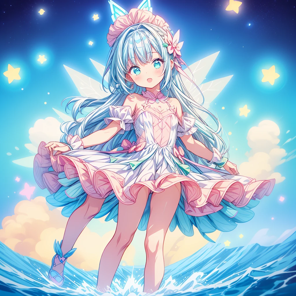 1girl、Star Fairy、Star incarnation、Character design front view、A picture facing the viewer、(((Super detailed、Highest quality、Masterpiece)))、Original cute hairstyle、Milky white and blue hair color、Simple Green Background、vtuber-fullbody,Original cute clothes in jet black and hot pink、