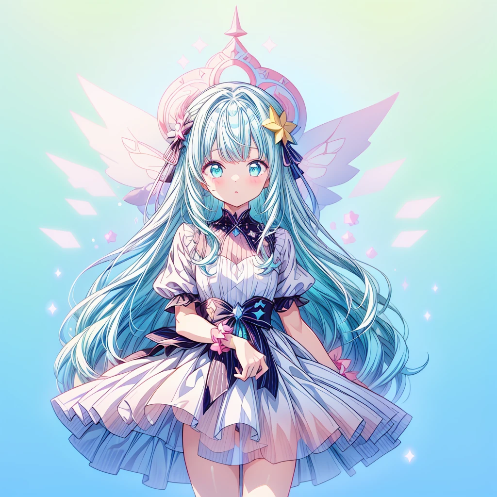 1girl、Star Fairy、Star incarnation、Character design front view、A picture facing the viewer、(((Super detailed、Highest quality、Masterpiece)))、Original cute hairstyle、Milky white and blue hair color、Simple Green Background、vtuber-fullbody,Original cute clothes in jet black and hot pink、