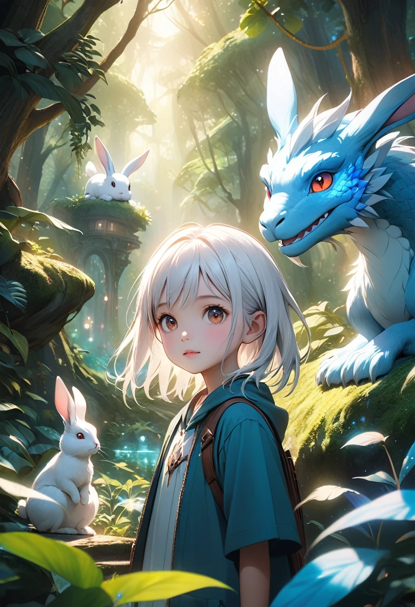 A young girl with white hair, a child, a rabbit, half-dragon, detailed portrait, cute expression, magical fantasy setting, lush forest background, glowing ambient lighting, ethereal atmosphere, high fantasy, vibrant colors, cinematic composition, photorealistic, 8k, masterpiece