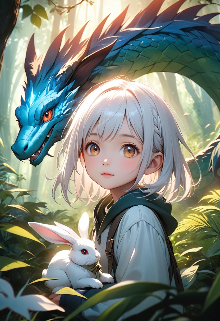 A young girl with white hair, a child, a rabbit, half-dragon, detailed portrait, cute expression, magical fantasy setting, lush forest background, glowing ambient lighting, ethereal atmosphere, high fantasy, vibrant colors, cinematic composition, photorealistic, 8k, masterpiece