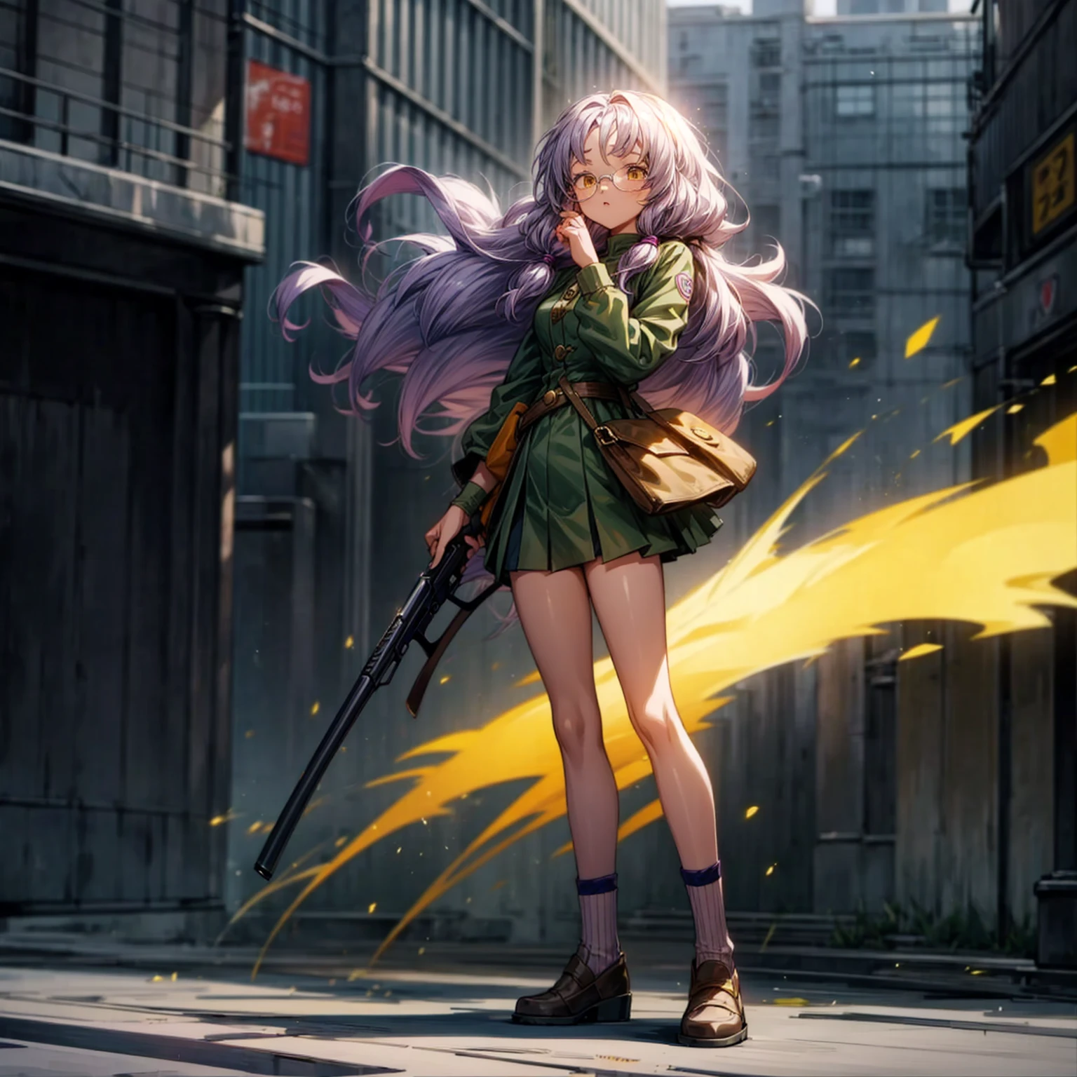 1girl, Full body version, 1character, gold eyes, long Curly haircut, lavender color hair, army style clothing, white glasses, Long socks, Grassroots, background in city street, motion blur, (dragon ball style art), Gesture standing, shotgun in hand 