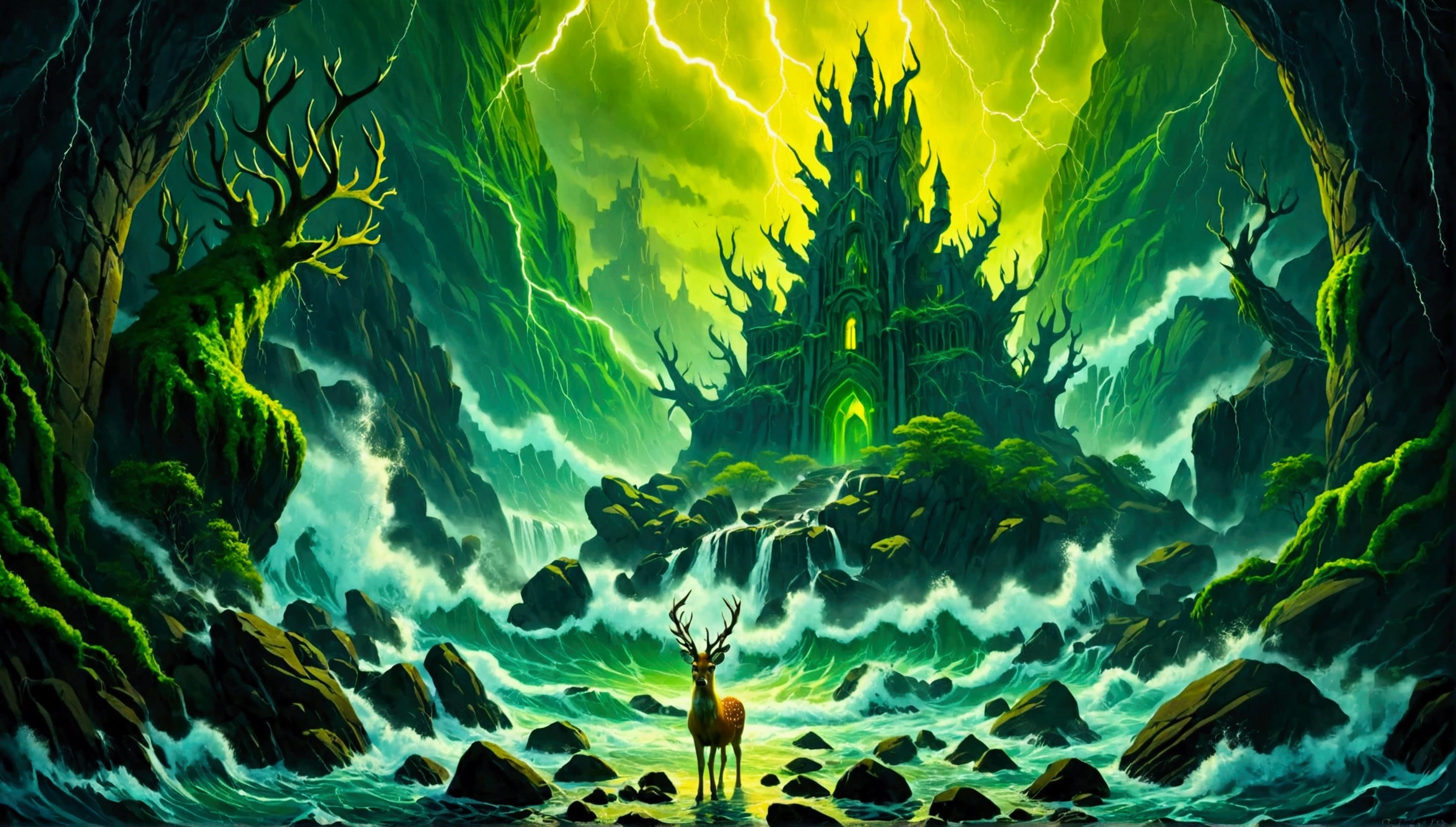 (Mysterious eerie citadel with intricate architecture:1.2) on rocks of tropical island))), crushing waves, yellow-green thunderstorm, (eerie deer in front:1.2) masterpiece in maximum 16K resolution, best quality, ultra detailed, aesthetics, absurdes.
